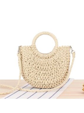 Woven Straw Circle Handle Crossbody Bag - Natural